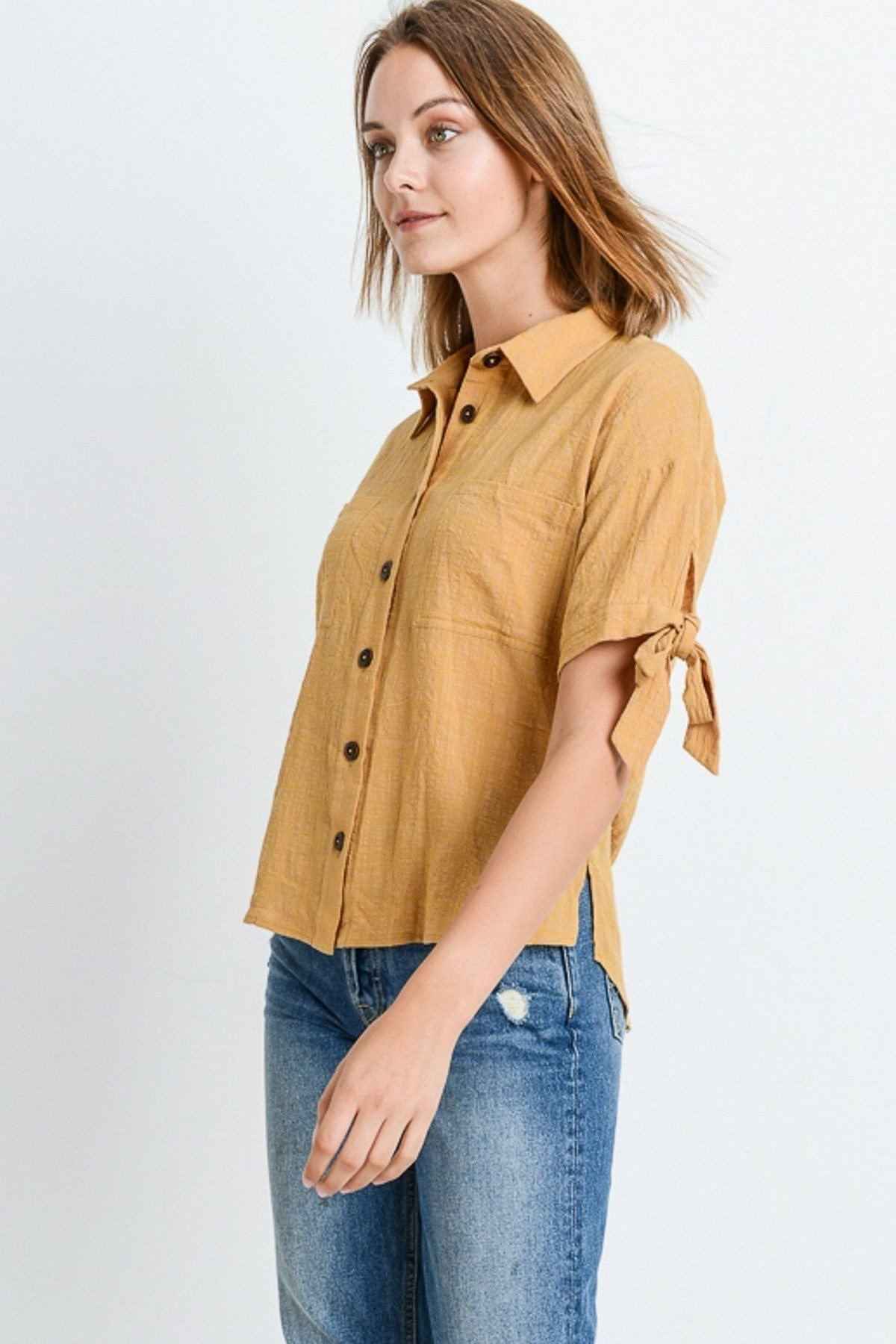 Short Sleeve Button Up Top With Tie Sleeve Short Sleeve Button Up Top With Tie Sleeve