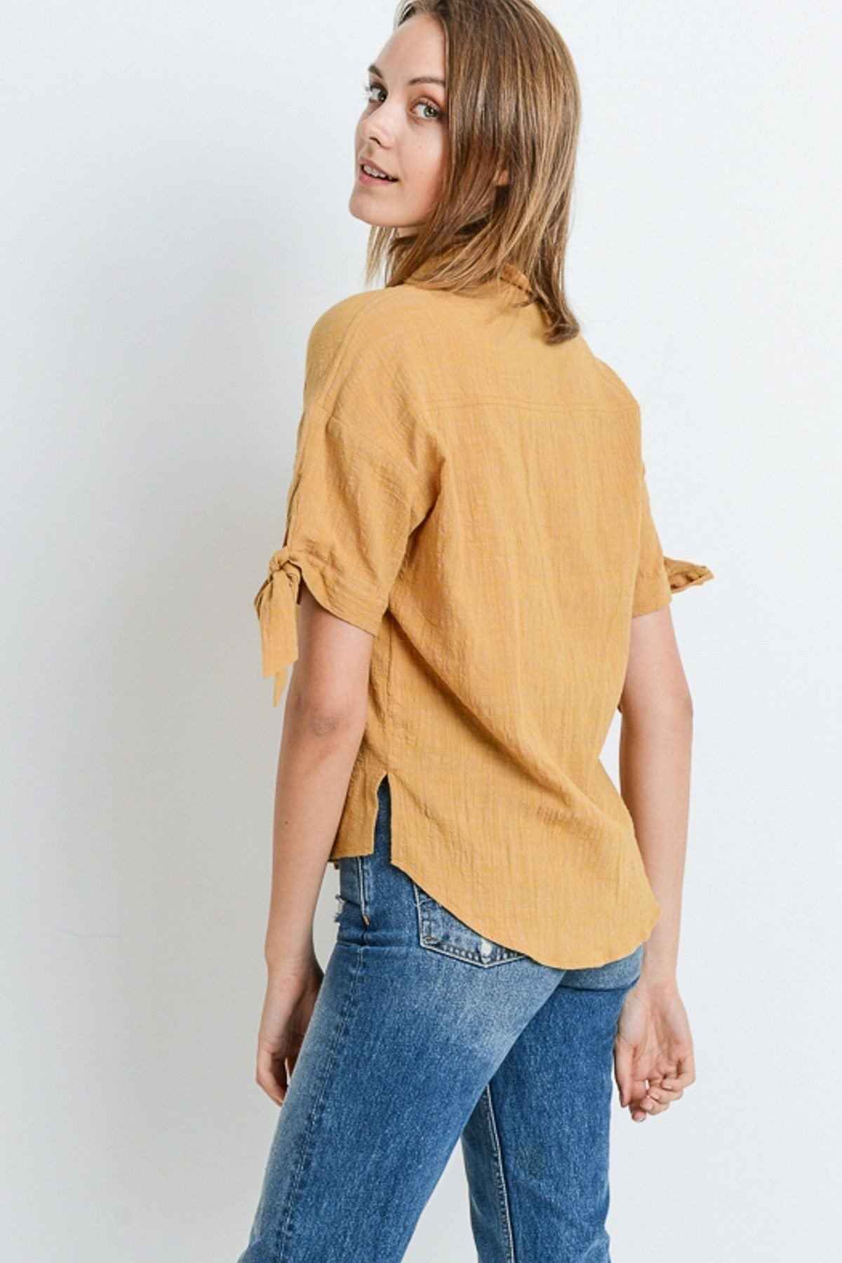 Short Sleeve Button Up Top With Tie Sleeve Short Sleeve Button Up Top With Tie Sleeve