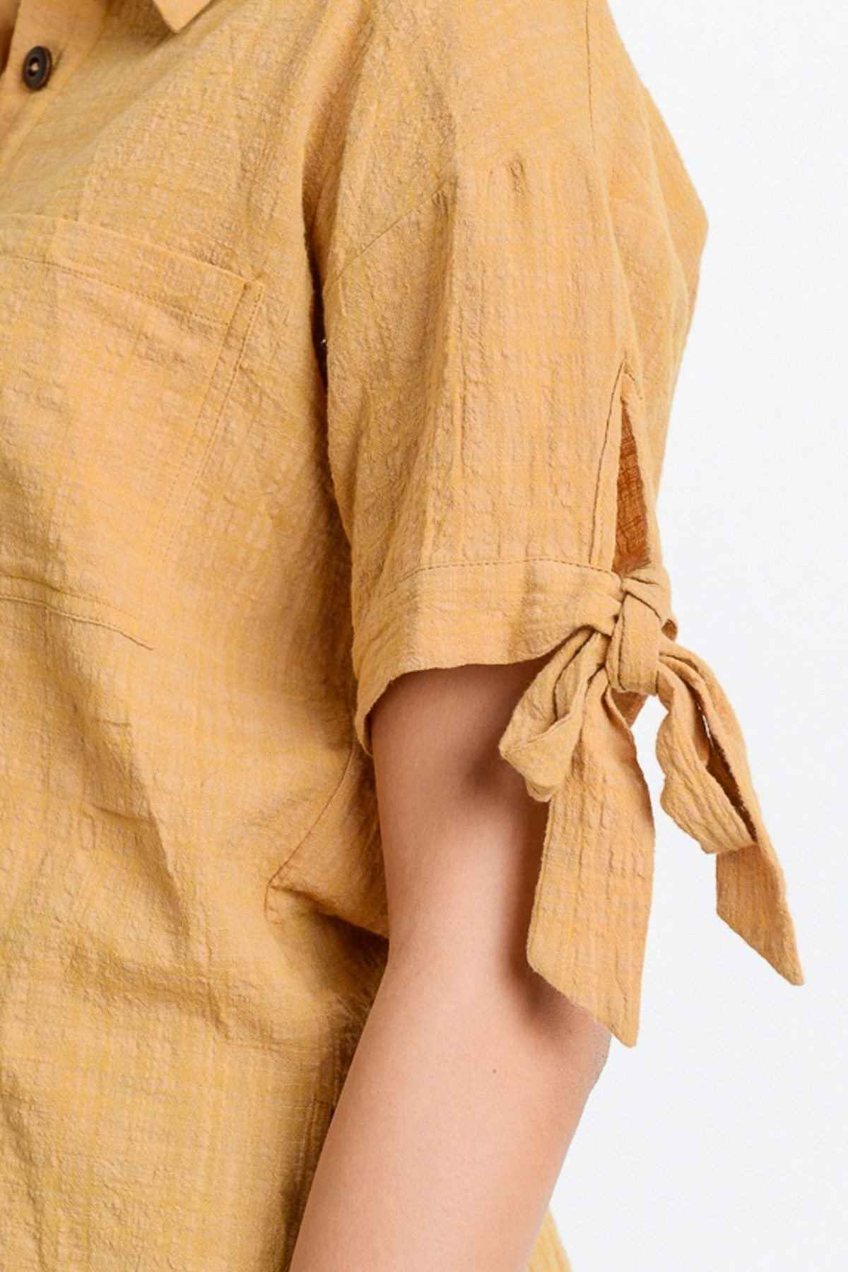 Short Sleeve Button Up Top With Tie Sleeve Short Sleeve Button Up Top With Tie Sleeve