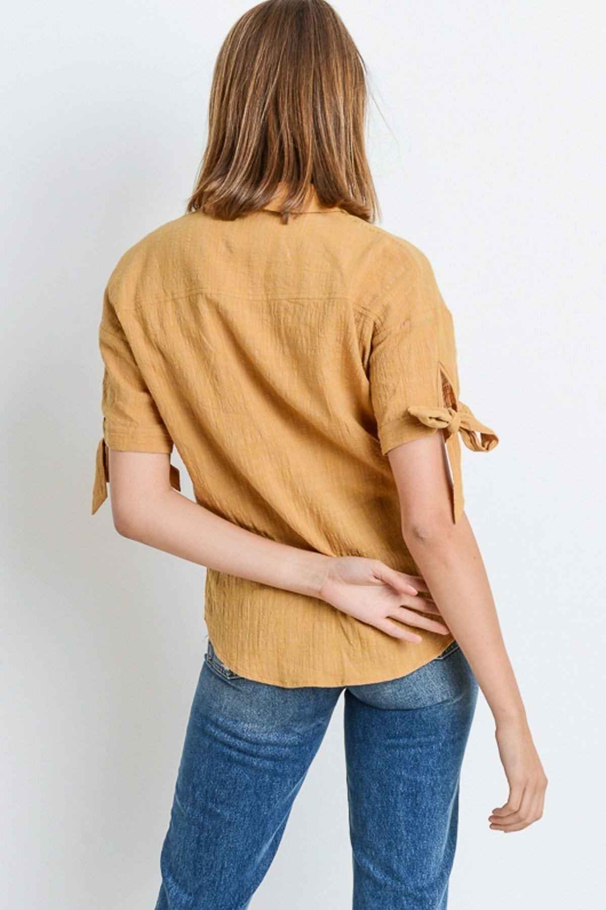 Short Sleeve Button Up Top With Tie Sleeve Short Sleeve Button Up Top With Tie Sleeve