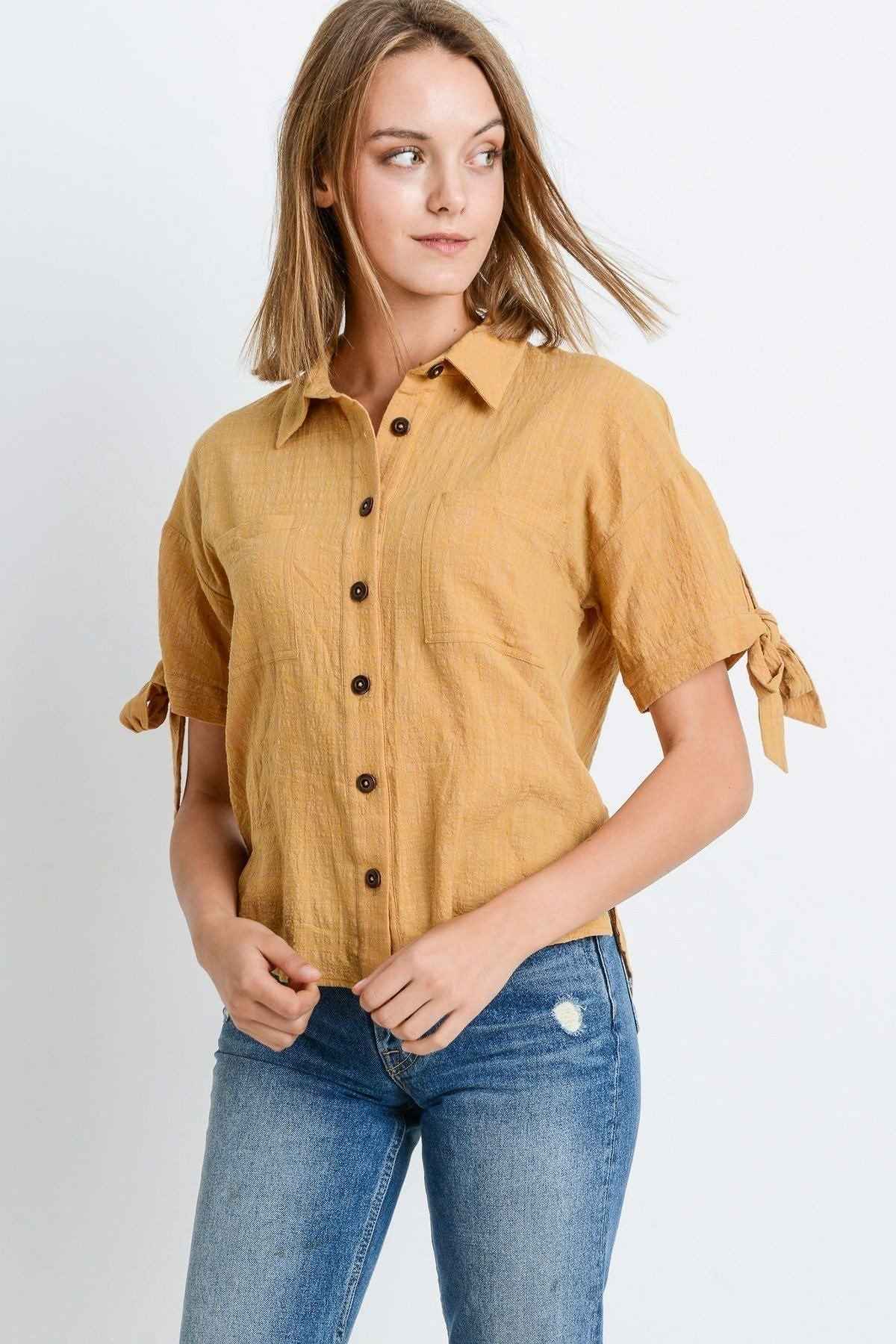 Short Sleeve Button Up Top With Tie Sleeve Short Sleeve Button Up Top With Tie Sleeve