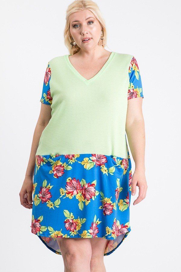 Short Sleeve Floral Blocked Midi Dress With Front Pocket product image