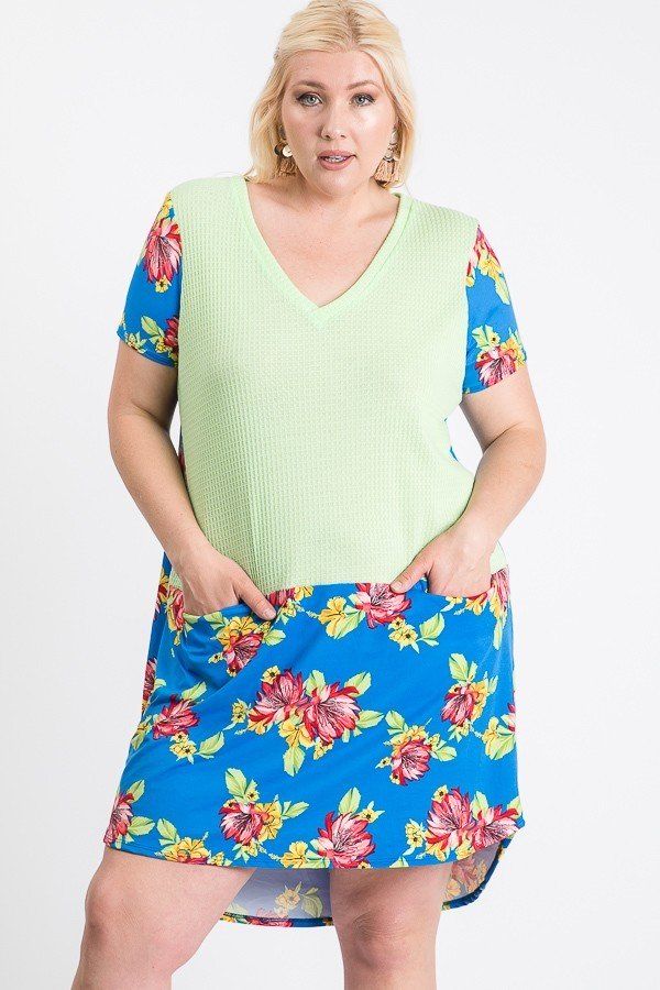 Short Sleeve Floral Blocked Midi Dress With Front Pocket product image