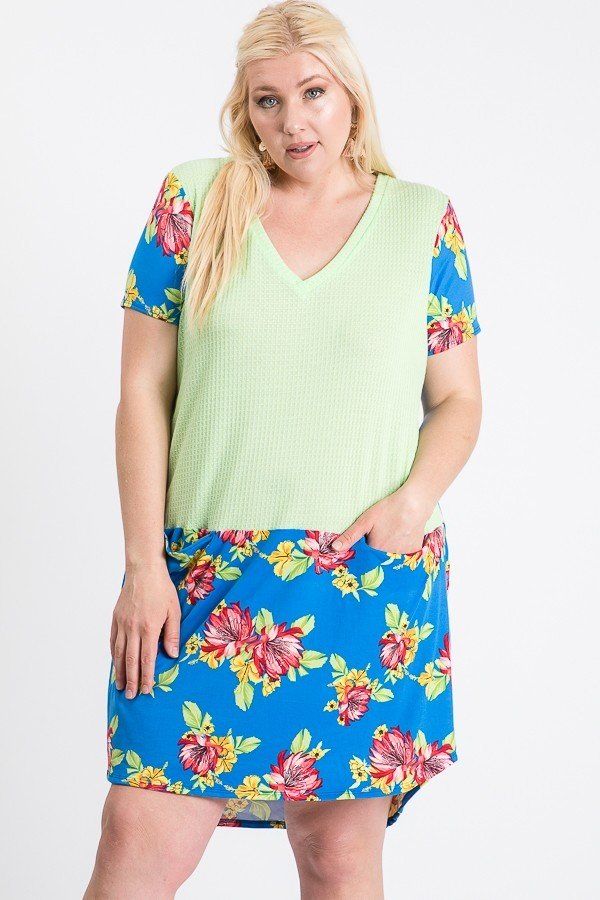 Short Sleeve Floral Blocked Midi Dress With Front Pocket product image