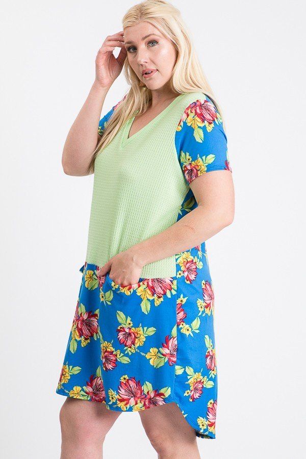 Short Sleeve Floral Blocked Midi Dress With Front Pocket product image