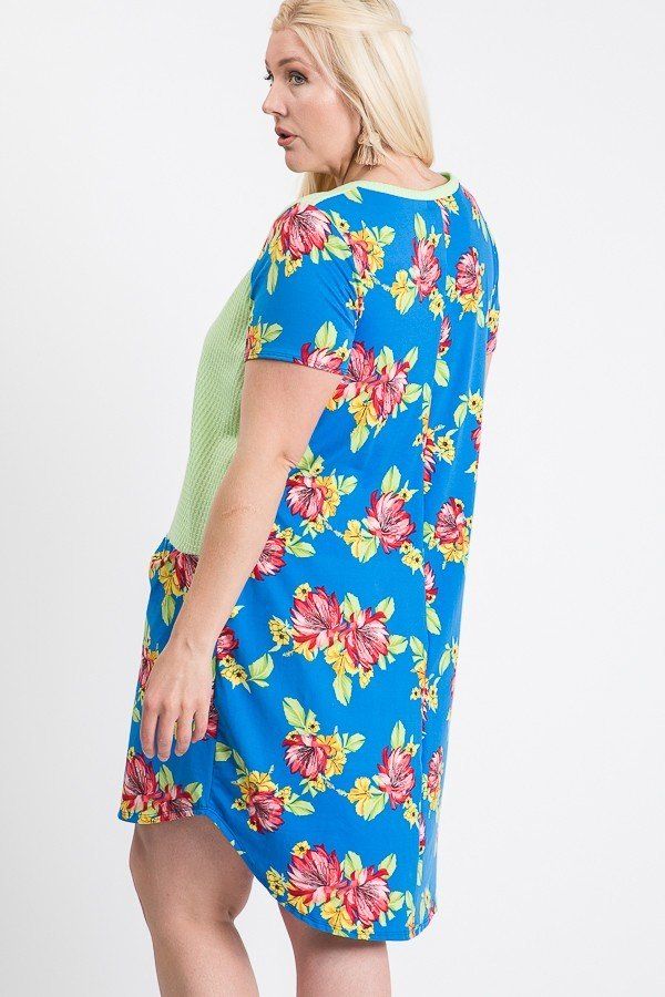 Short Sleeve Floral Blocked Midi Dress With Front Pocket product image