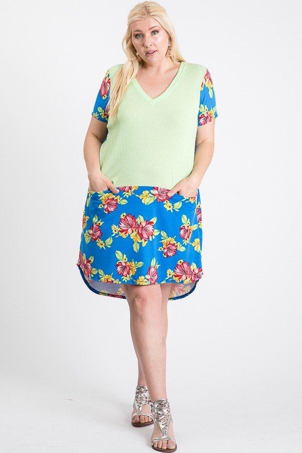 Short Sleeve Floral Blocked Midi Dress With Front Pocket product image