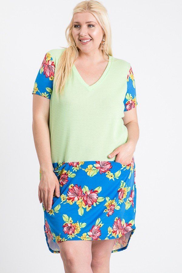Short Sleeve Floral Blocked Midi Dress With Front Pocket product image