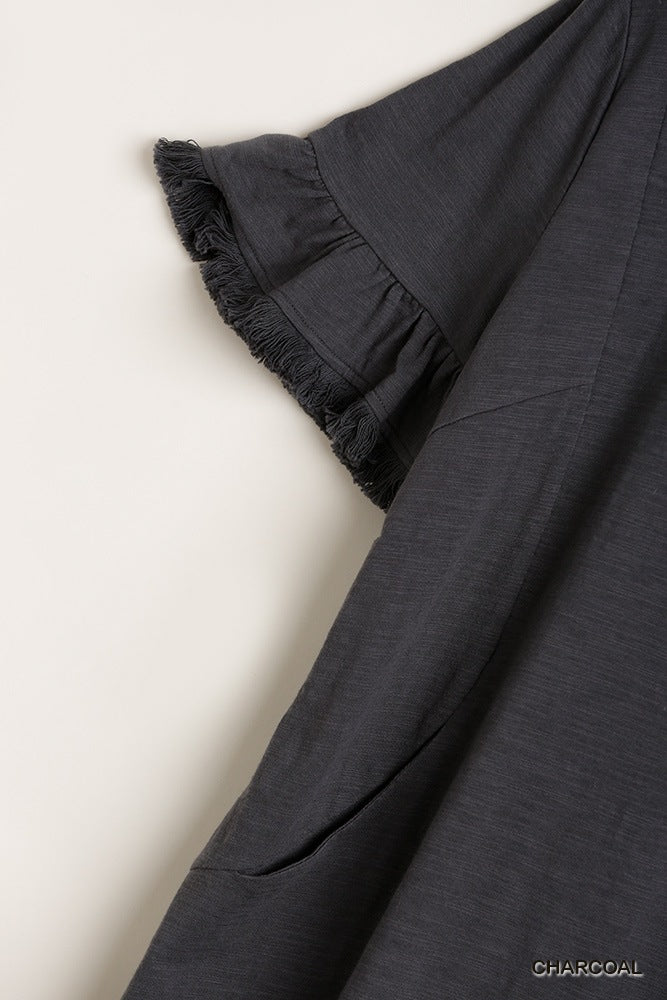 Short Ruffle Frayed Hem And Round Neck Dress With Pockets product image