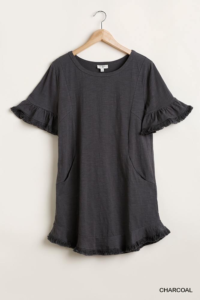 Short Ruffle Frayed Hem And Round Neck Dress With Pockets product image