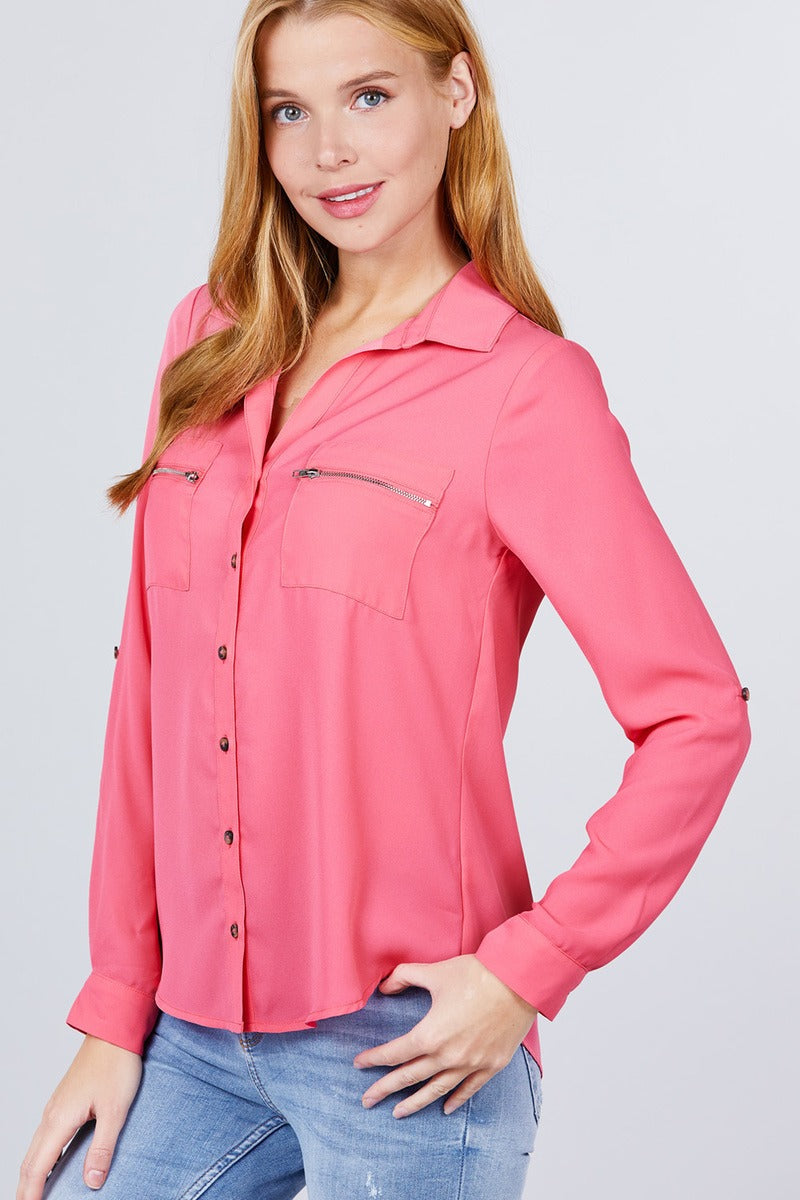 3/4 Roll Up Sleeve Pocket W/zipper Detail Woven Blouse product image