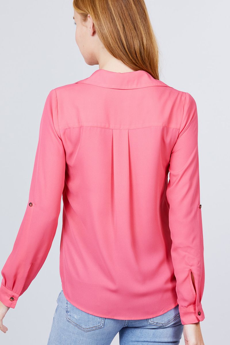 3/4 Roll Up Sleeve Pocket W/zipper Detail Woven Blouse product image