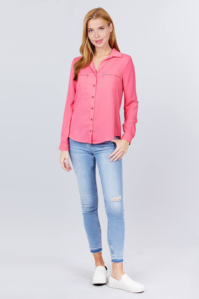 3/4 Roll Up Sleeve Pocket W/zipper Detail Woven Blouse product image