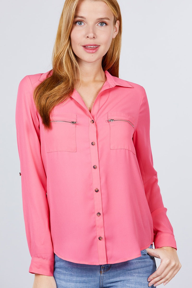 3/4 Roll Up Sleeve Pocket W/zipper Detail Woven Blouse product image