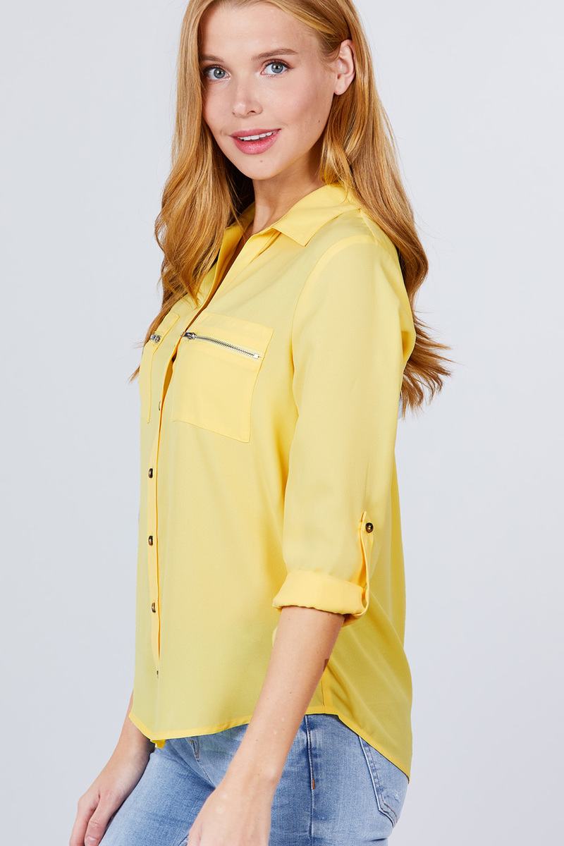 3/4 Roll Up Sleeve Pocket W/zipper Detail Woven Blouse product image