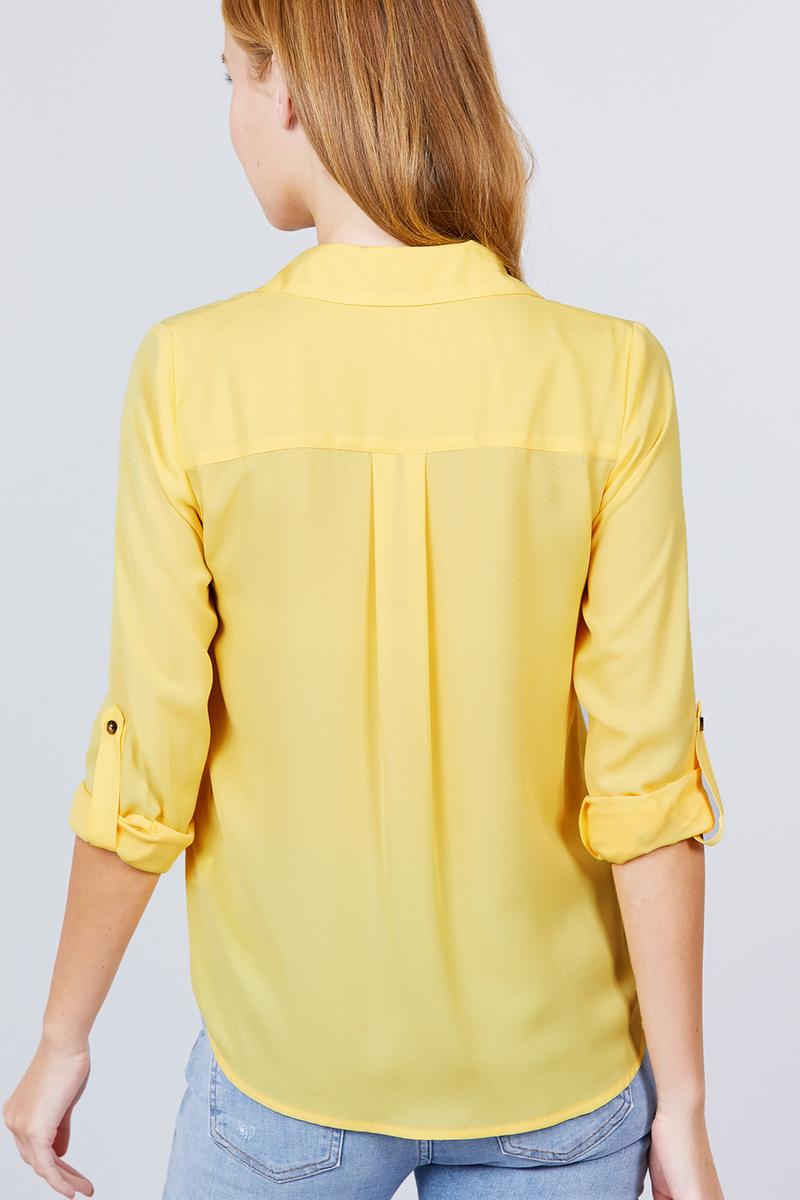 3/4 Roll Up Sleeve Pocket W/zipper Detail Woven Blouse product image