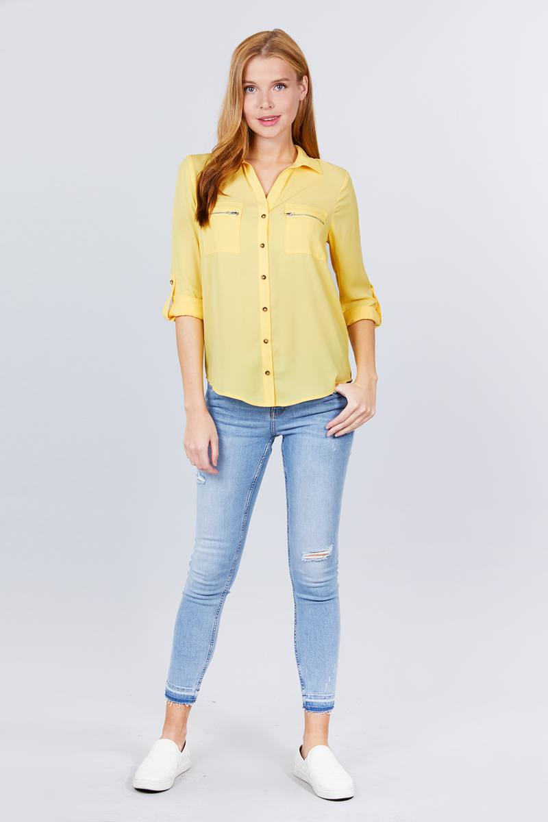 3/4 Roll Up Sleeve Pocket W/zipper Detail Woven Blouse product image