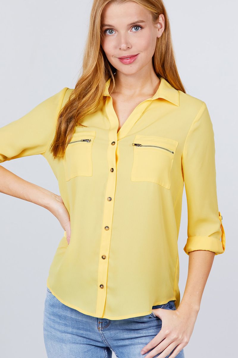 3/4 Roll Up Sleeve Pocket W/zipper Detail Woven Blouse product image