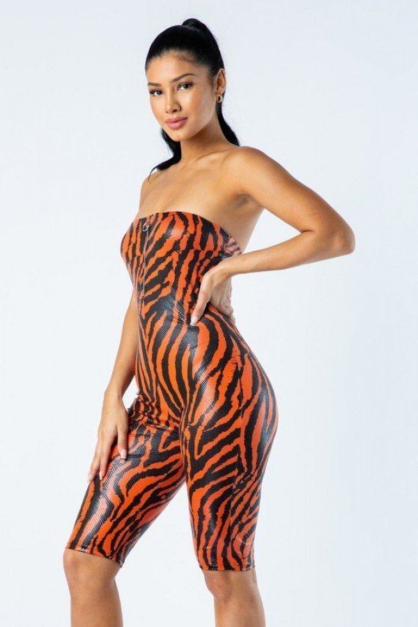 Zebra Print Tube Romper With Front O Ring Zipper Detail product image