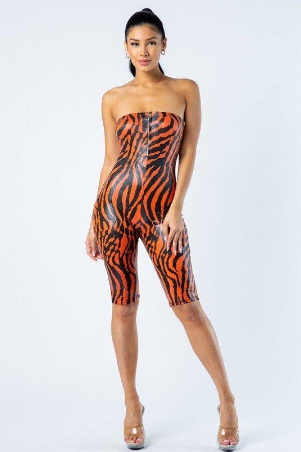 Zebra Print Tube Romper With Front O Ring Zipper Detail product image