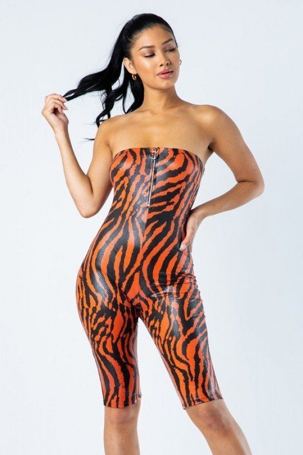 Zebra Print Tube Romper With Front O Ring Zipper Detail product image