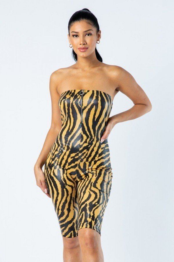 Zebra Print Tube Romper With Front O Ring Zipper Detail product image