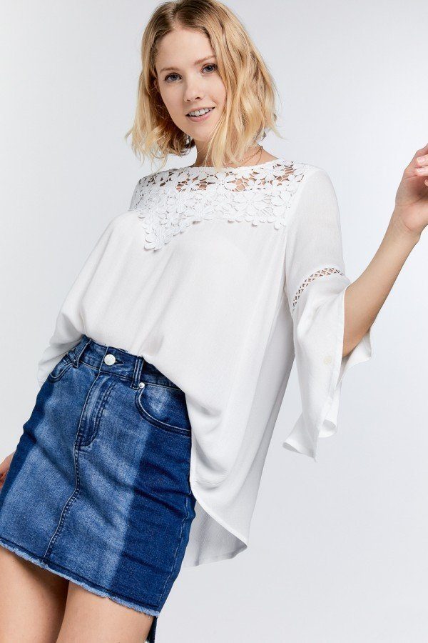 Cute Floral Mesh Lace Accent Yoke Crochet Detailed Tie-back Bell Sleeve Blouse Top product image