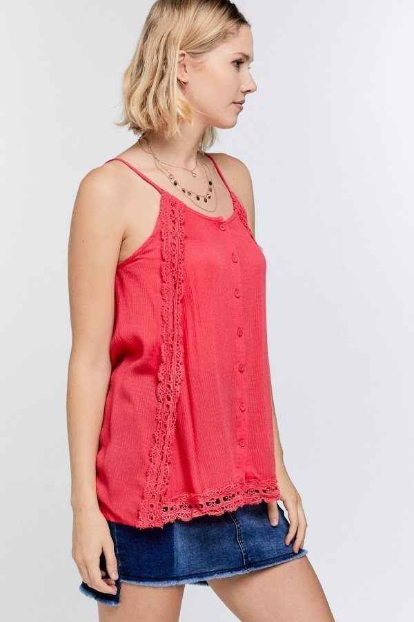 Boho Scallop Lace Trim Detailed Button Down Solid Subtle Textured Slit Side Overlay Layered Cami Top Boho Scallop Lace Trim Detailed Button Down Solid Subtle Textured Slit Side Overlay Layered Cami Top