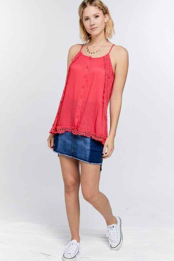Boho Scallop Lace Trim Detailed Button Down Solid Subtle Textured Slit Side Overlay Layered Cami Top Boho Scallop Lace Trim Detailed Button Down Solid Subtle Textured Slit Side Overlay Layered Cami Top