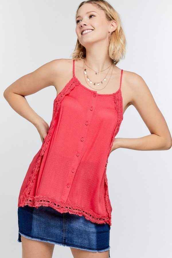 Boho Scallop Lace Trim Detailed Button Down Solid Subtle Textured Slit Side Overlay Layered Cami Top Boho Scallop Lace Trim Detailed Button Down Solid Subtle Textured Slit Side Overlay Layered Cami Top