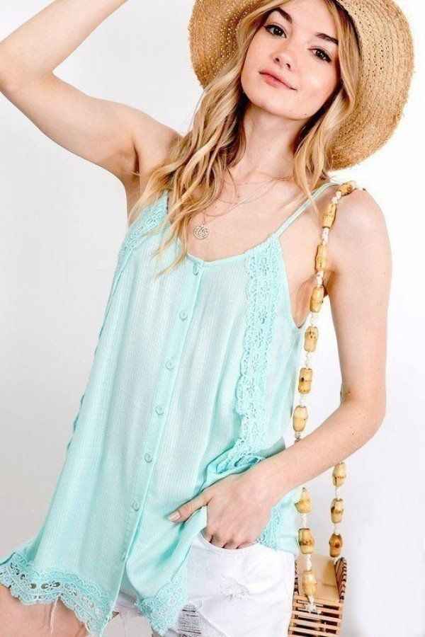 Boho Scallop Lace Trim Detailed Button Down Solid Subtle Textured Slit Side Overlay Layered Cami Top Boho Scallop Lace Trim Detailed Button Down Solid Subtle Textured Slit Side Overlay Layered Cami Top