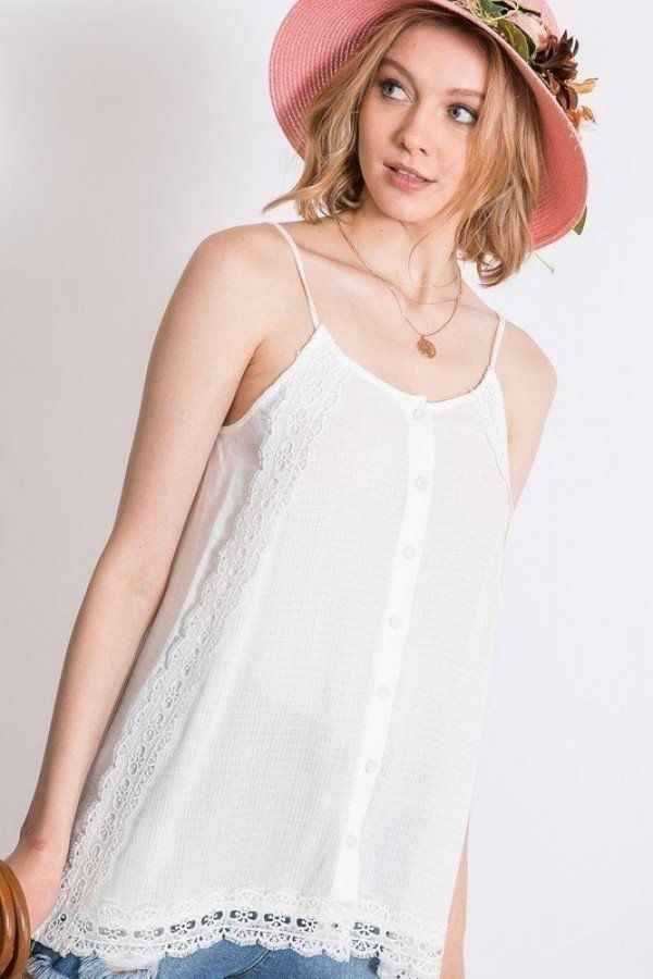 Boho Scallop Lace Trim Detailed Button Down Solid Subtle Textured Slit Side Overlay Layered Cami Top Boho Scallop Lace Trim Detailed Button Down Solid Subtle Textured Slit Side Overlay Layered Cami Top