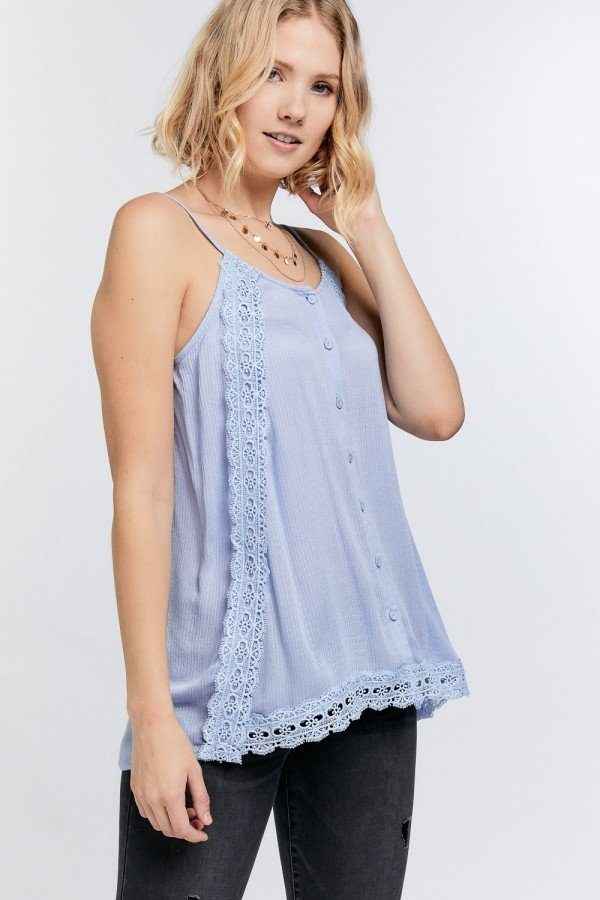 Boho Scallop Lace Trim Detailed Button Down Solid Subtle Textured Slit Side Overlay Layered Cami Top Boho Scallop Lace Trim Detailed Button Down Solid Subtle Textured Slit Side Overlay Layered Cami Top