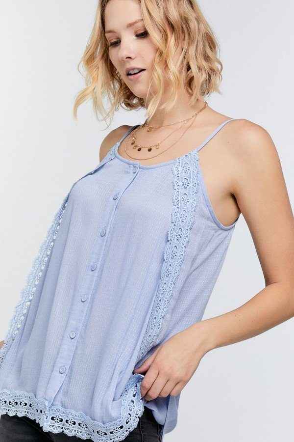 Boho Scallop Lace Trim Detailed Button Down Solid Subtle Textured Slit Side Overlay Layered Cami Top Boho Scallop Lace Trim Detailed Button Down Solid Subtle Textured Slit Side Overlay Layered Cami Top