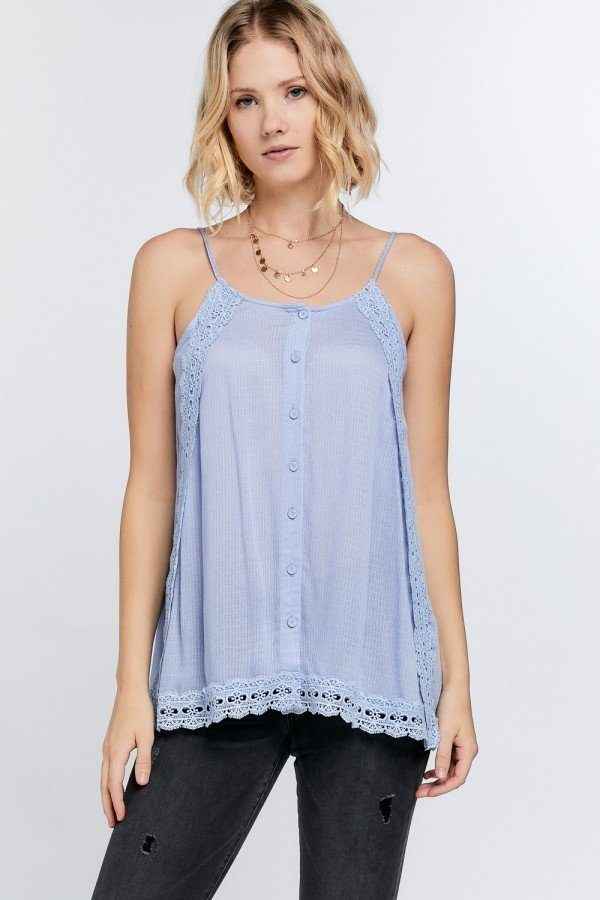 Boho Scallop Lace Trim Detailed Button Down Solid Subtle Textured Slit Side Overlay Layered Cami Top Boho Scallop Lace Trim Detailed Button Down Solid Subtle Textured Slit Side Overlay Layered Cami Top