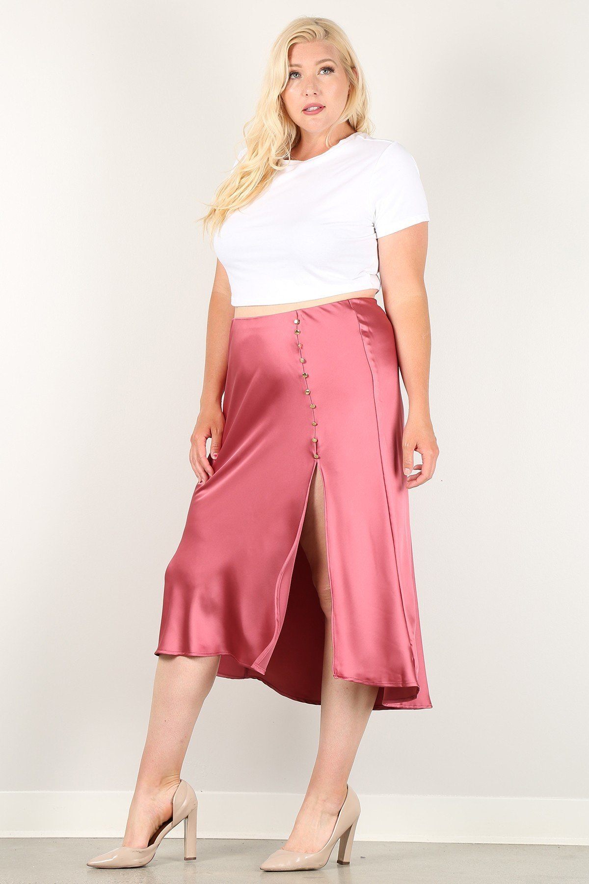 Solid High-waist Skirt With Button Trim And Side Slit product image