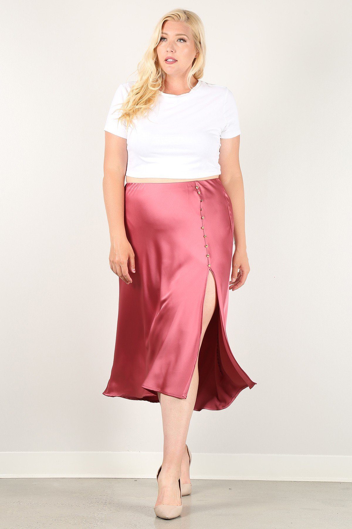 Solid High-waist Skirt With Button Trim And Side Slit product image