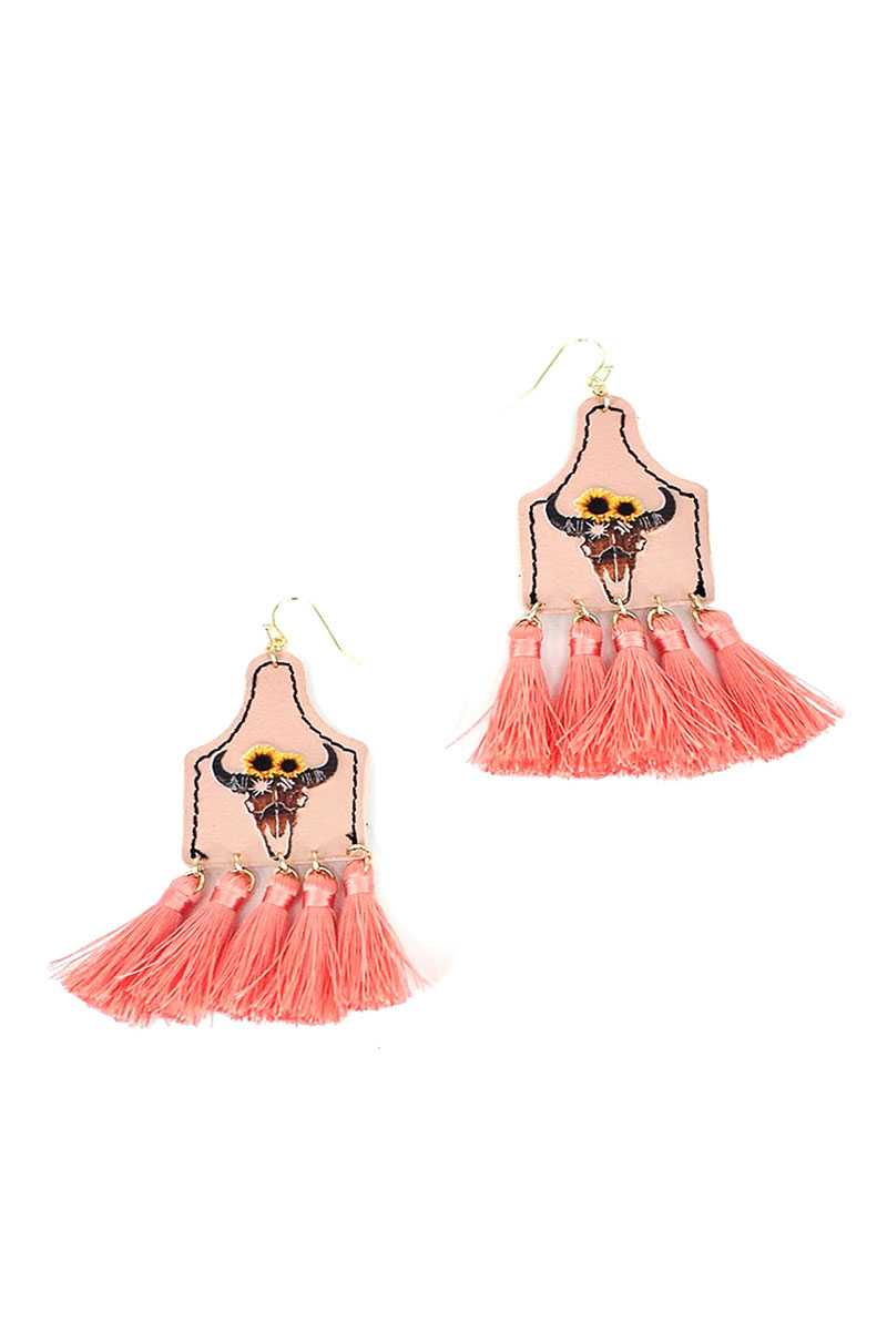 Stylish Western Cow Skull And Tassel Drop Earring product image