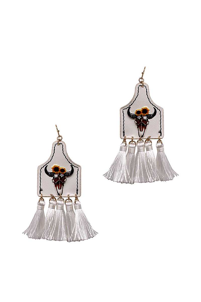 Stylish Western Cow Skull And Tassel Drop Earring product image