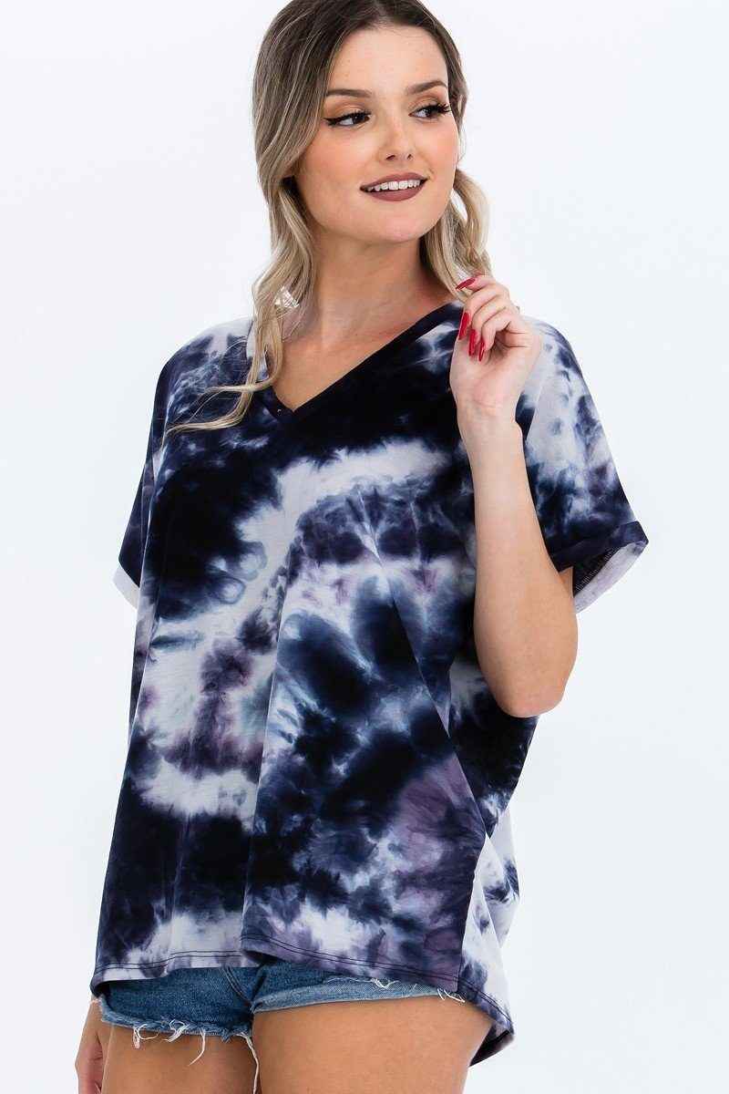 Tie-dye Top Featured In A V-neckline And Cuff Sort Sleeves Tie-dye Top Featured In A V-neckline And Cuff Sort Sleeves
