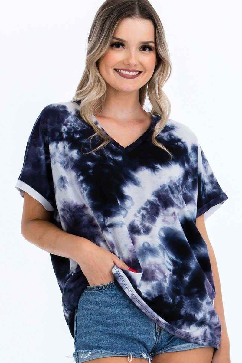 Tie-dye Top Featured In A V-neckline And Cuff Sort Sleeves Tie-dye Top Featured In A V-neckline And Cuff Sort Sleeves
