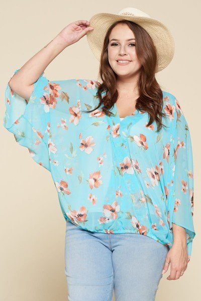 Plus Size Floral Chiffon Sheer Surplice Top product image