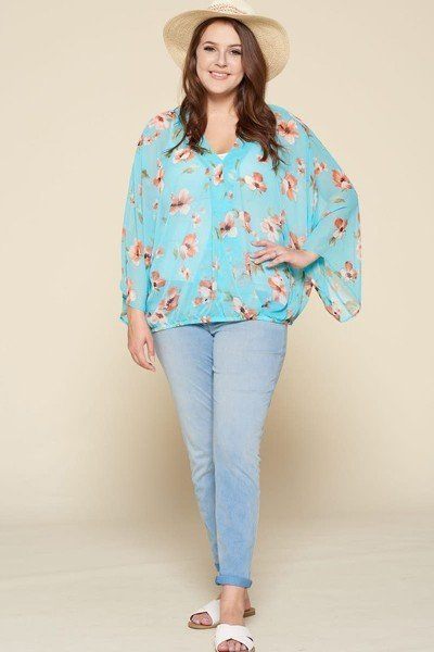 Plus Size Floral Chiffon Sheer Surplice Top product image