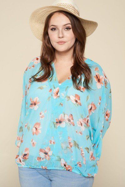 Plus Size Floral Chiffon Sheer Surplice Top product image