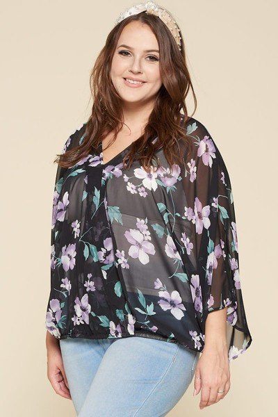 Plus Size Floral Chiffon Sheer Surplice Top product image