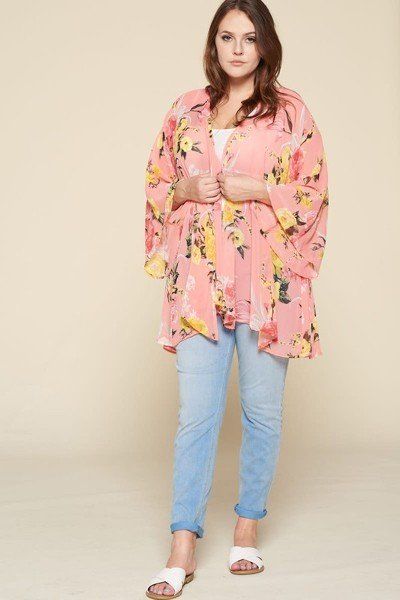 Plus Size Floral Printed Oversize Flowy And Airy Kimono With Dramatic Bell Sleeves product image
