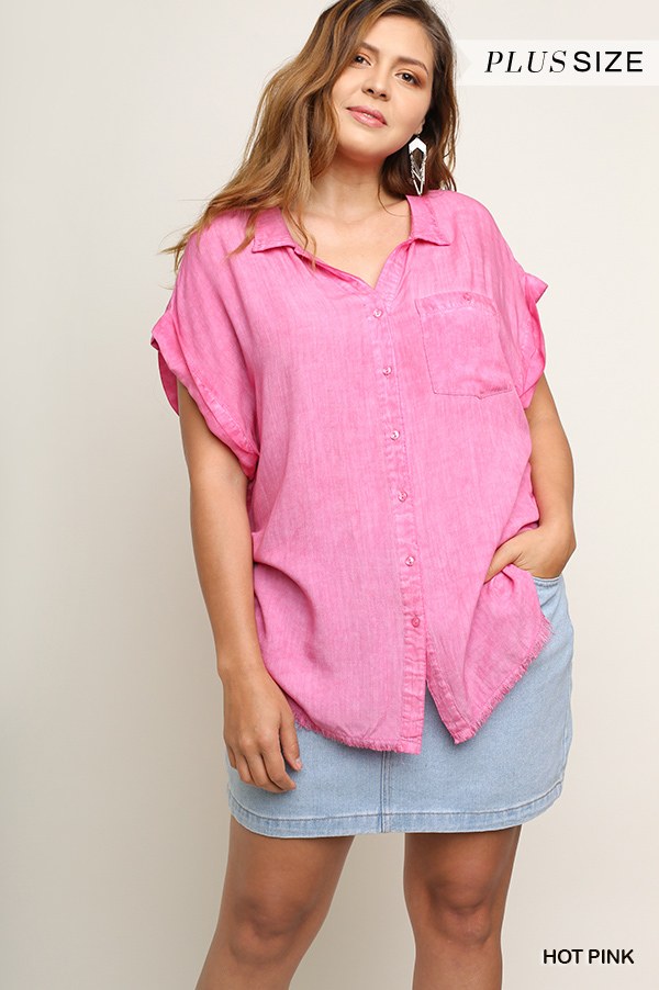 Washed Button Up Short Sleeve Top With Frayed Hemline product image