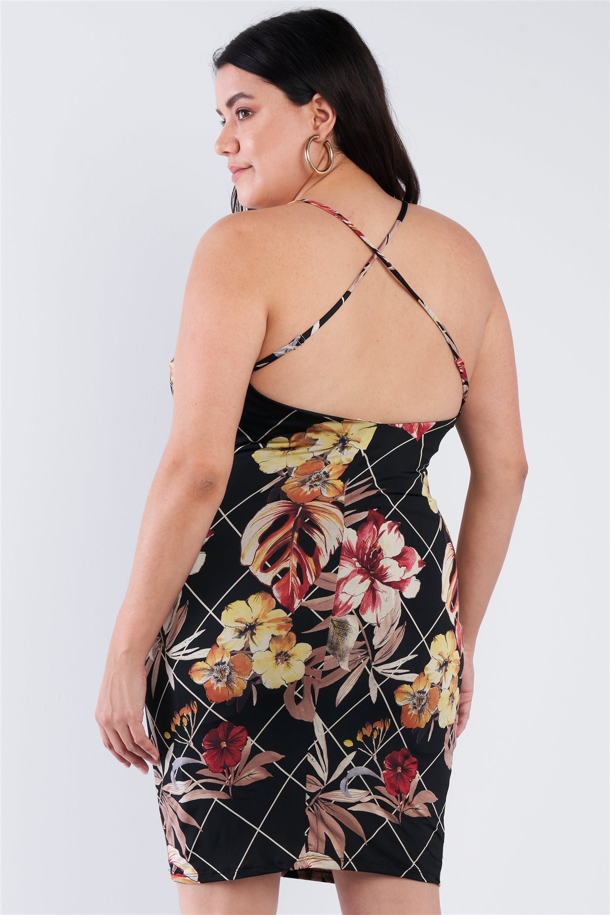 Plus Size Criss-cross Open Back Mini Floral Print Dress product image