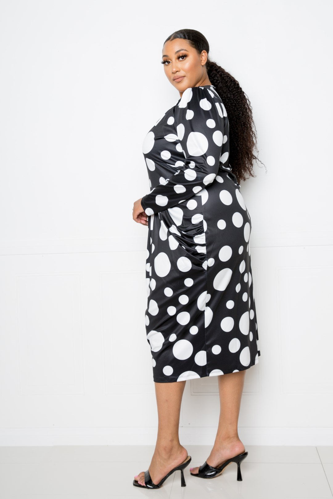 Polka Dot Drop Waist Ruched Midi Dress product image
