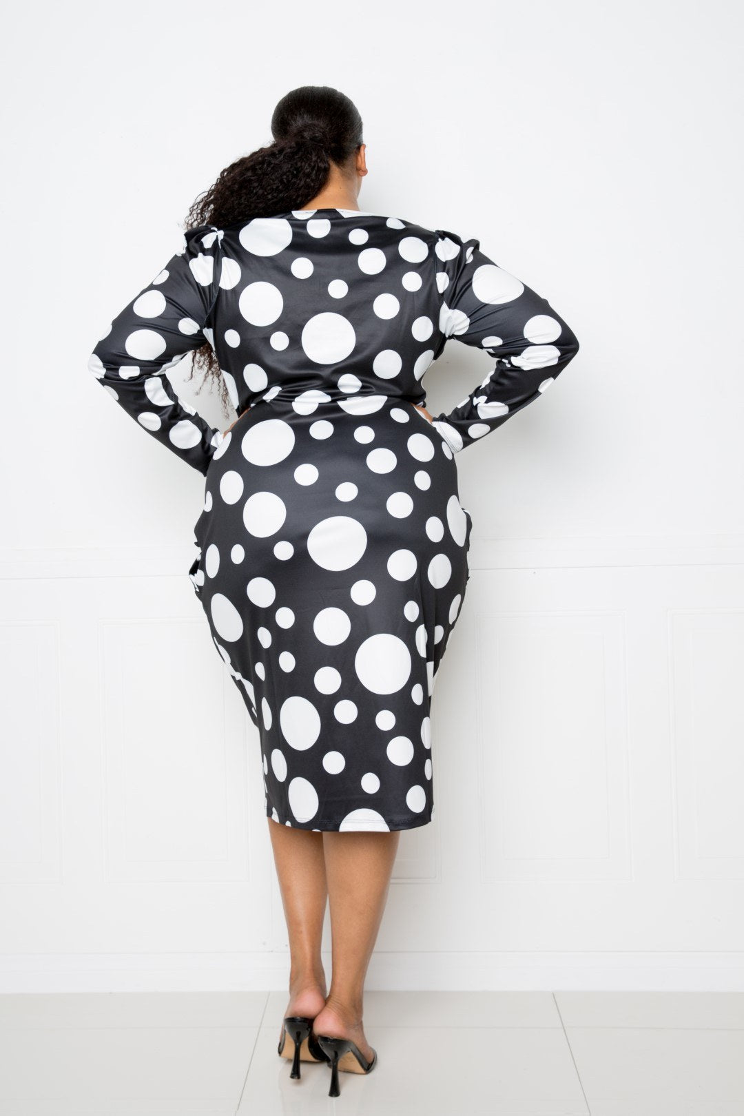 Polka Dot Drop Waist Ruched Midi Dress product image